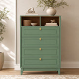 RichYa White Dresser for Bedroom, 4 Drawer Dresser Chest with 2 Open Storage Cubbies and Genuine Leather Pull Handles, Modern Chest of Drawers