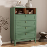 RichYa White Dresser for Bedroom, 4 Drawer Dresser Chest with 2 Open Storage Cubbies and Genuine Leather Pull Handles, Modern Chest of Drawers