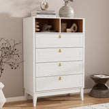 RichYa White Dresser for Bedroom, 4 Drawer Dresser Chest with 2 Open Storage Cubbies and Genuine Leather Pull Handles, Modern Chest of Drawers