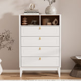 RichYa White Dresser for Bedroom, 4 Drawer Dresser Chest with 2 Open Storage Cubbies and Genuine Leather Pull Handles, Modern Chest of Drawers