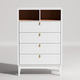 RichYa White Dresser for Bedroom, 4 Drawer Dresser Chest with 2 Open Storage Cubbies and Genuine Leather Pull Handles, Modern Chest of Drawers