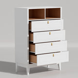RichYa White Dresser for Bedroom, 4 Drawer Dresser Chest with 2 Open Storage Cubbies and Genuine Leather Pull Handles, Modern Chest of Drawers