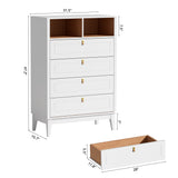 RichYa White Dresser for Bedroom, 4 Drawer Dresser Chest with 2 Open Storage Cubbies and Genuine Leather Pull Handles, Modern Chest of Drawers
