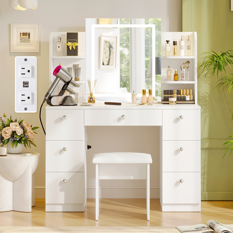 Modern Makeup Vanity Table Set with 3 Colors Lighted Mirror & 7 Drawers and Power Strip for Bedroom & Bathroom,White