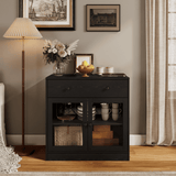 RichYa 31.5W Kitchen Credenza & Sideboard,Buffet Cabinet with Drawer & 2 Glass Doors,Coffee Bar for Dining Room,White
