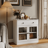 RichYa 31.5W Kitchen Credenza & Sideboard,Buffet Cabinet with Drawer & 2 Glass Doors,Coffee Bar for Dining Room,White