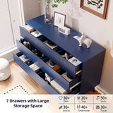 RichYa Dresser for Bedroom with 7 Drawers,Fluted Dresser with Handleless Design,Chest of Drawers & TV Stand,Closet Storage Organizer for Living Room, Kids Room（Navy Blue）