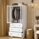 Richya Armoire Wardrobe Closet with 2 Drawers,Clothes Storage Cabinet with Hanging Rod,Closet Organizer for Bedroom,White(A)