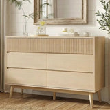 RichYa Fluted 6-Drawer Dresser for Bedroom, Chest of Drawers with Storage,Wooden TV Stand for Living Room, Natural Oak
