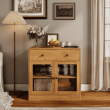 RichYa 31.5W Kitchen Credenza & Sideboard,Buffet Cabinet with Drawer & 2 Glass Doors,Coffee Bar for Dining Room,White