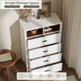 Richya 6 Drawer Dresser for Bedroom,Chest of Drawers with Open Storage Shelf,Modern Dresser for Closet,White + Walnut