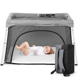 Cowiewie Portable Travel Crib Playard（0-3 years, Unisex） with Insulation Mattress, Breathable and Washable Playpen, Light Gra