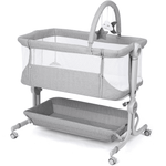 Cowiewie Baby Bassinet Bedside Crib with Storage Basket, Wheels and Toys, for 0-6 Months Light Gray