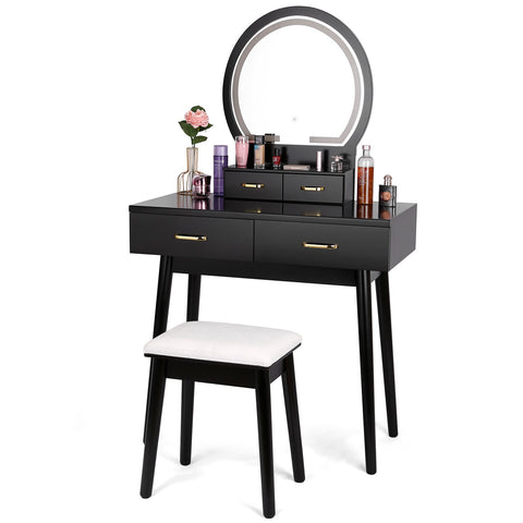 Vanity Desk with Lighted Mirror, Makeup Vanity Dressing Table with Lights, 3 Color Lighting Modes Adjustable Brightness, 4 Drawers Makeup Table with Cushioned Stool for Bedroom - White