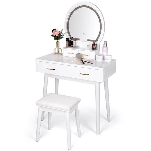 Vanity Desk with Lighted Mirror, Makeup Vanity Dressing Table with Lights, 3 Color Lighting Modes Adjustable Brightness, 4 Drawers Makeup Table with Cushioned Stool for Bedroom - White