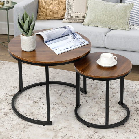 Modern Nesting Coffee Table Set of 2 for Living Room Balcony Office, Round Wood Accent Side Coffee Tables with Sturdy Metal Frame, Easy Assembly(Walnut)