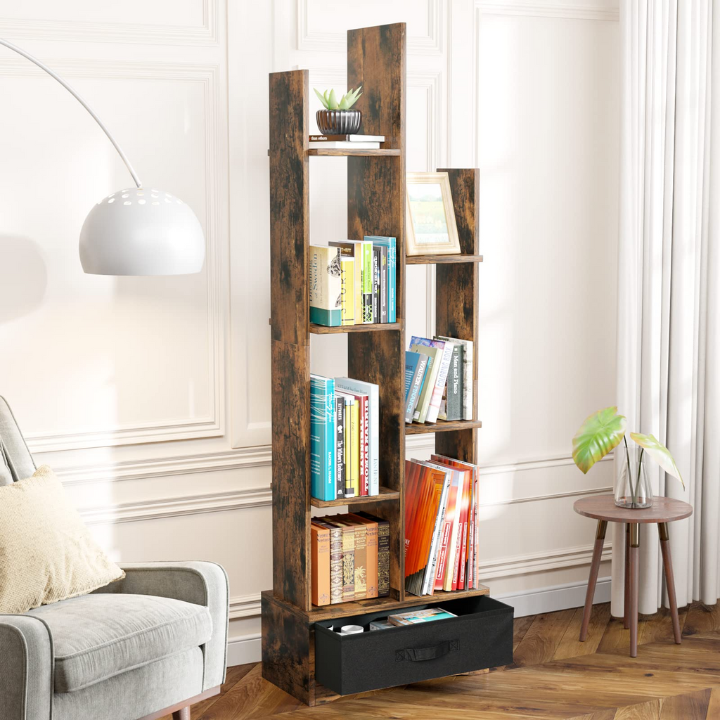 VASAGLE Bookcase, Tree-Shaped Bookshelf with 8 Storage Shelves, Rustic Brown