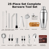 Amzdeal 25-Piece Stainless Steel Cocktail Shaker Set with Stand - Complete & Professional Bar Tool for Barmen, Portable Bartender Kit with Recipes For Home, Bar and Party, Perfect Gift for Beginners