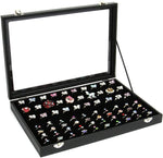 Ring Box - 100 Slots Jewelry Ring Storage Organizer Display Case Velvet Ring Tray Holder, Jewelry Storage Collector, Earring Showcase, with Glass Lid, Black
