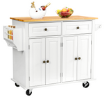 TUSY 43" Kitchen Island with Storage, Rolling Kitchen Cart with Lockable Wheels, Solid Wood Tabletop Kitchen Island Table for Kitchen, Living Room, White