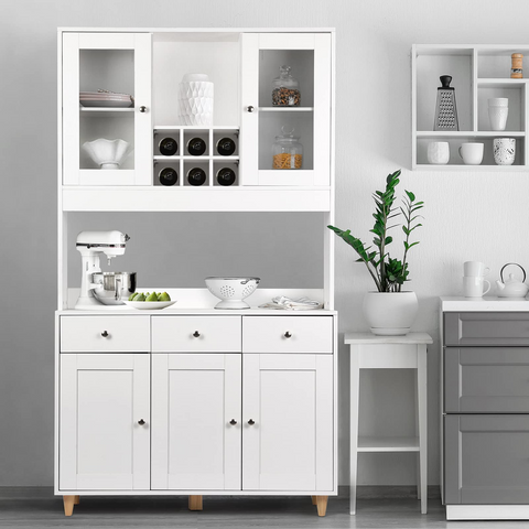 Freestanding Kitchen Pantry, Pantry Cabinet with 3 Drawers, Kitchen Cupboard with 5 Storage Cabinets, White